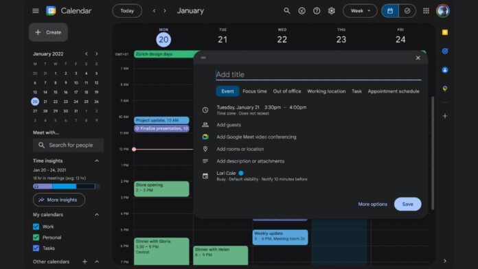 Google calendar on web with dark theme