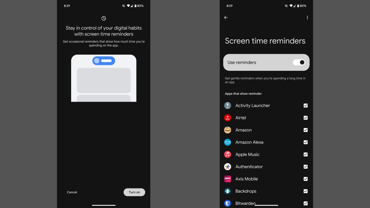 Screen time reminders menu