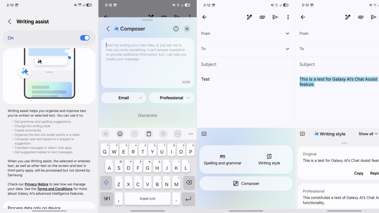 Writing Assist Galaxy AI features in Galaxy S25 series