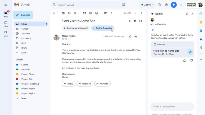 Gemini-powered Add to Calendar shortcut in Gmail